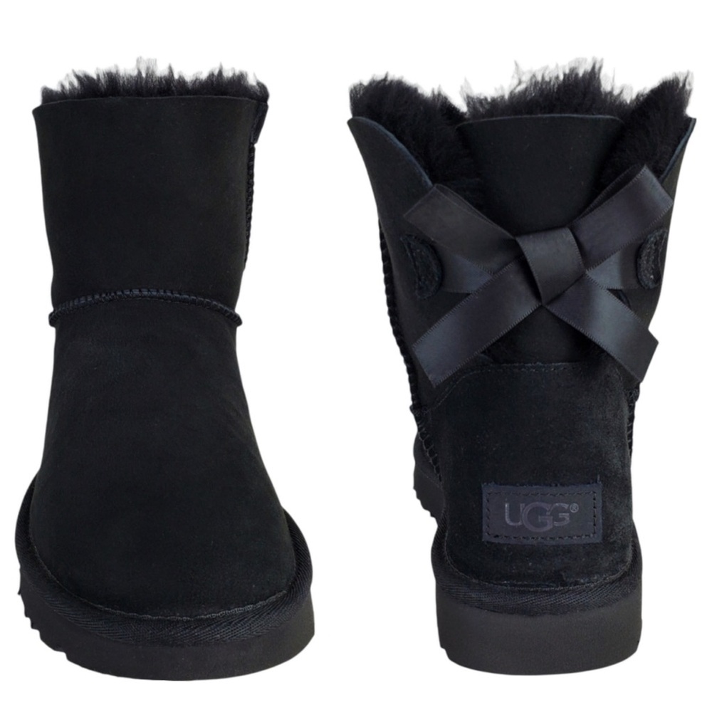 UGG Mini Bailey Bow Water Resistant Suede Fur Winter Ankle Boots Black - Picture 10 of 12